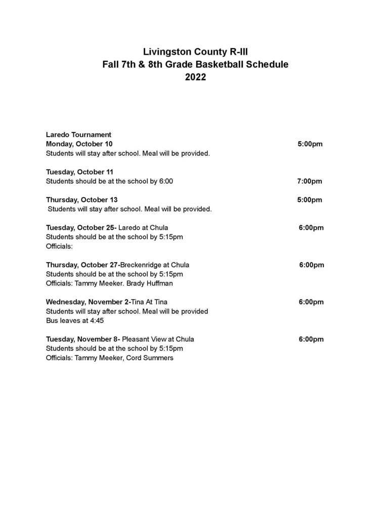 Fall Basketball Game schedule