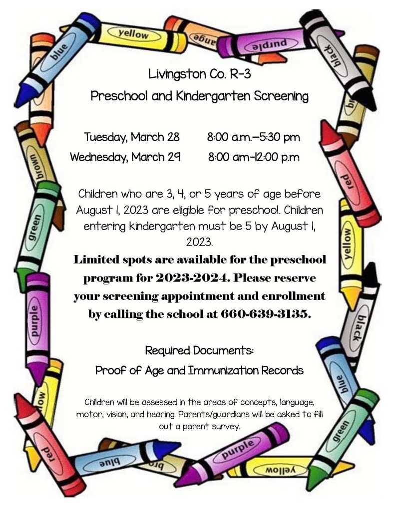 Preschool and Kindergarten screening March 28th and March 29th